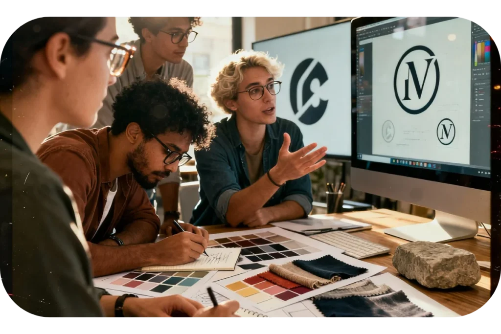 Creative agency team developing comprehensive branding solutions and visual identity systems