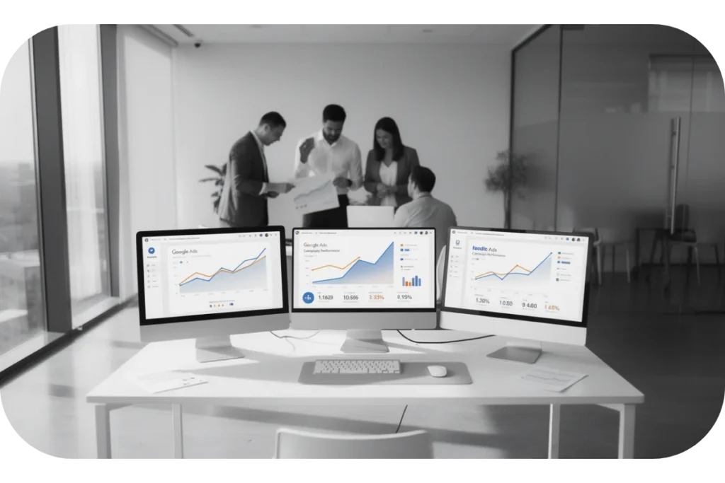 Paid advertising campaign performance metrics showing improved ROI, conversion rates, and reduced cost-per-acquisition