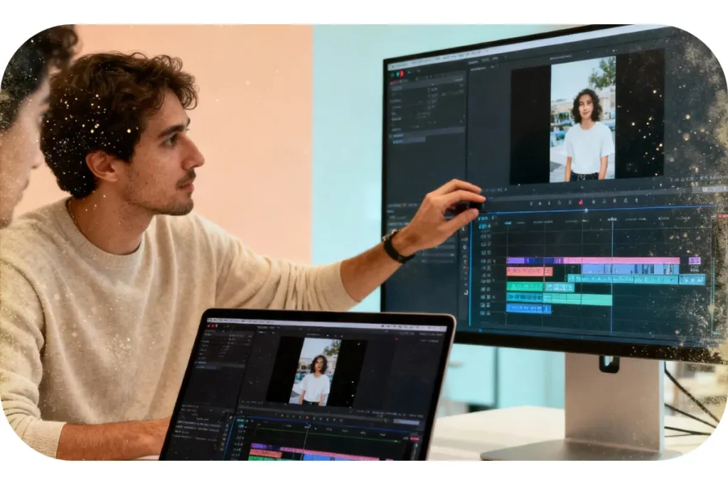Professional TikTok video editing workspace with editor creating high-quality short-form content for businesses
