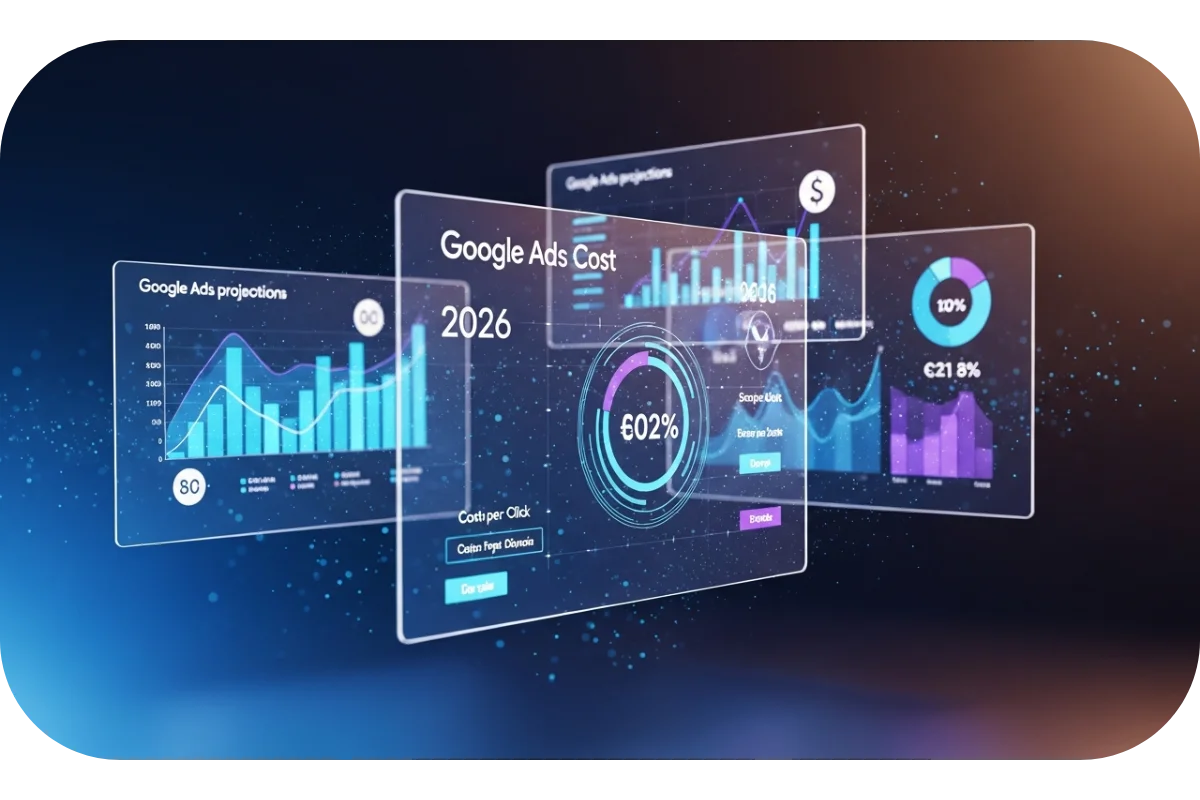 Professional displaying Google Ads cost breakdown and budget metrics for 2026 on laptop screen