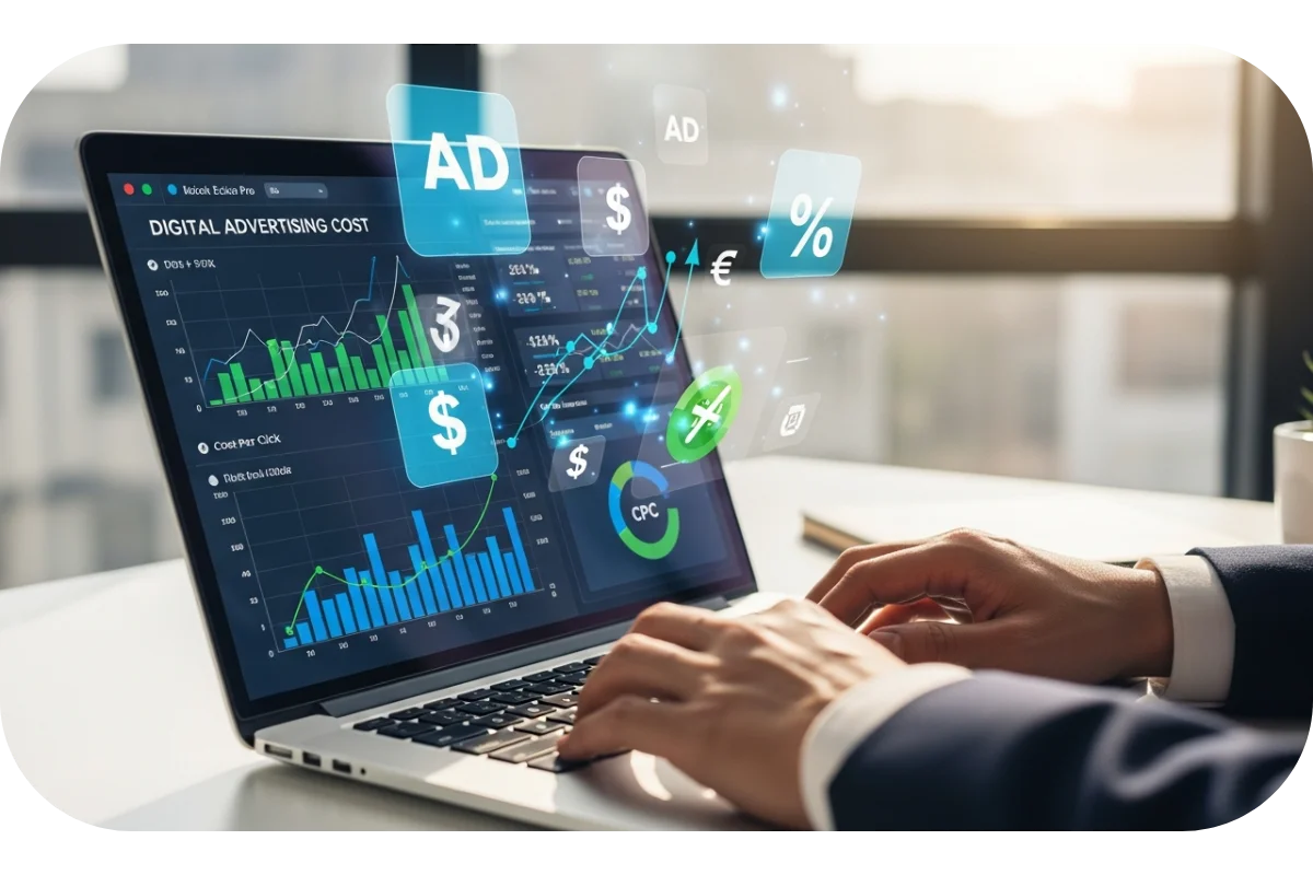Professional displaying Google Ads cost breakdown and budget metrics for 2026 on laptop screen